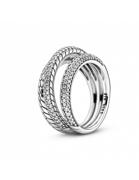 Anillo en plata de ley Tres Bandas Cadena de Serpiente en Pavé