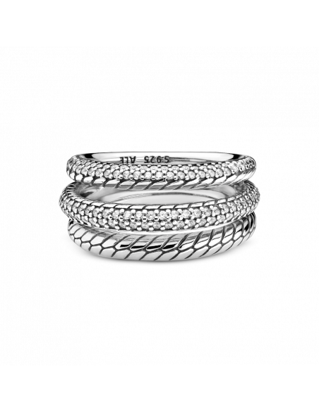 Anillo en plata de ley Tres Bandas Cadena de Serpiente en Pavé