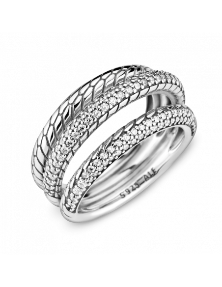 Anillo en plata de ley Tres Bandas Cadena de Serpiente en Pavé