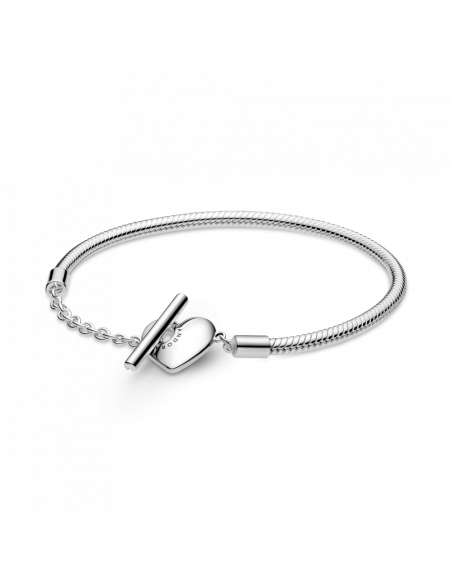 Pulsera Moments en plata de ley Cadena de Serpiente con cierre en T y corazón grabable