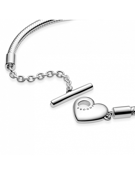Pulsera Moments en plata de ley Cadena de Serpiente con cierre en T y corazón grabable