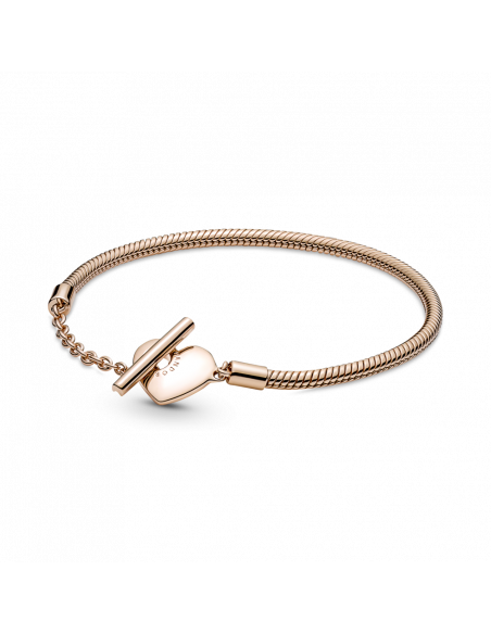 Pulsera Pandora Moments Cadena de Serpiente con un recubrimiento en oro rosa de 14k con Cierre en T y Corazón