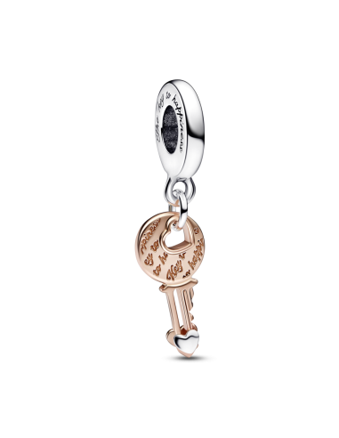 Charm Colgante en plata de ley y con un recubrimiento en oro rosa de 14K  Llave y Corazón Deslizante en Dos Tonos