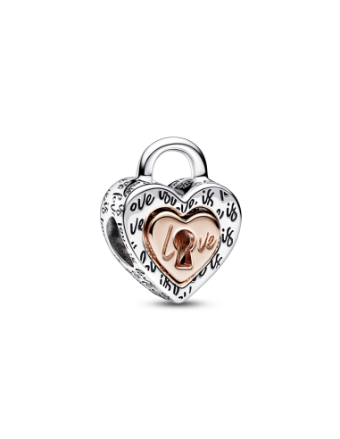 Charm en plata de ley y con un recubrimiento en oro rosa de 14K Candado Corazón Divisible en Dos Tonos